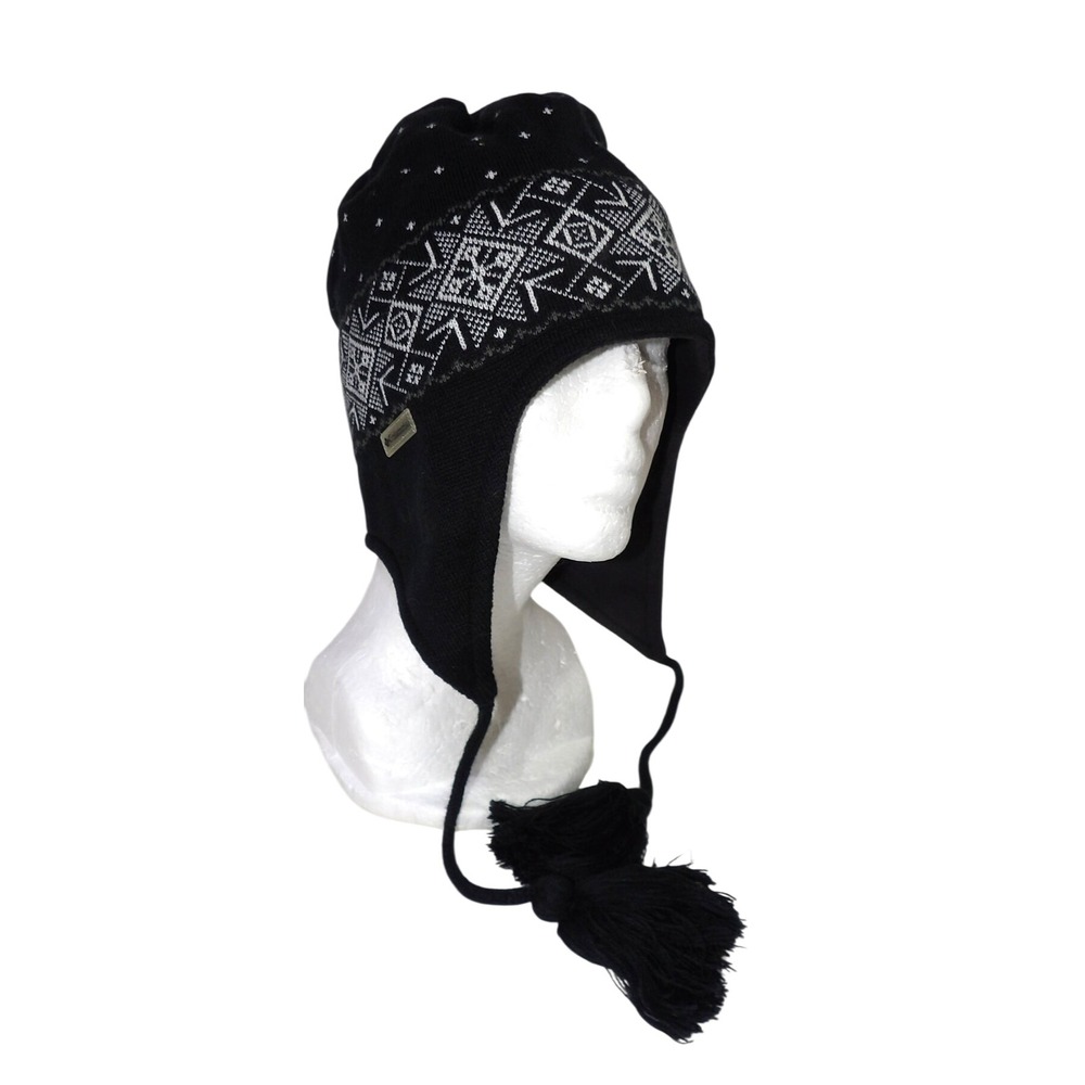 Columbia Black Fair Isle Knit Earflap Beanie Hat with Tassels and Pom Poms